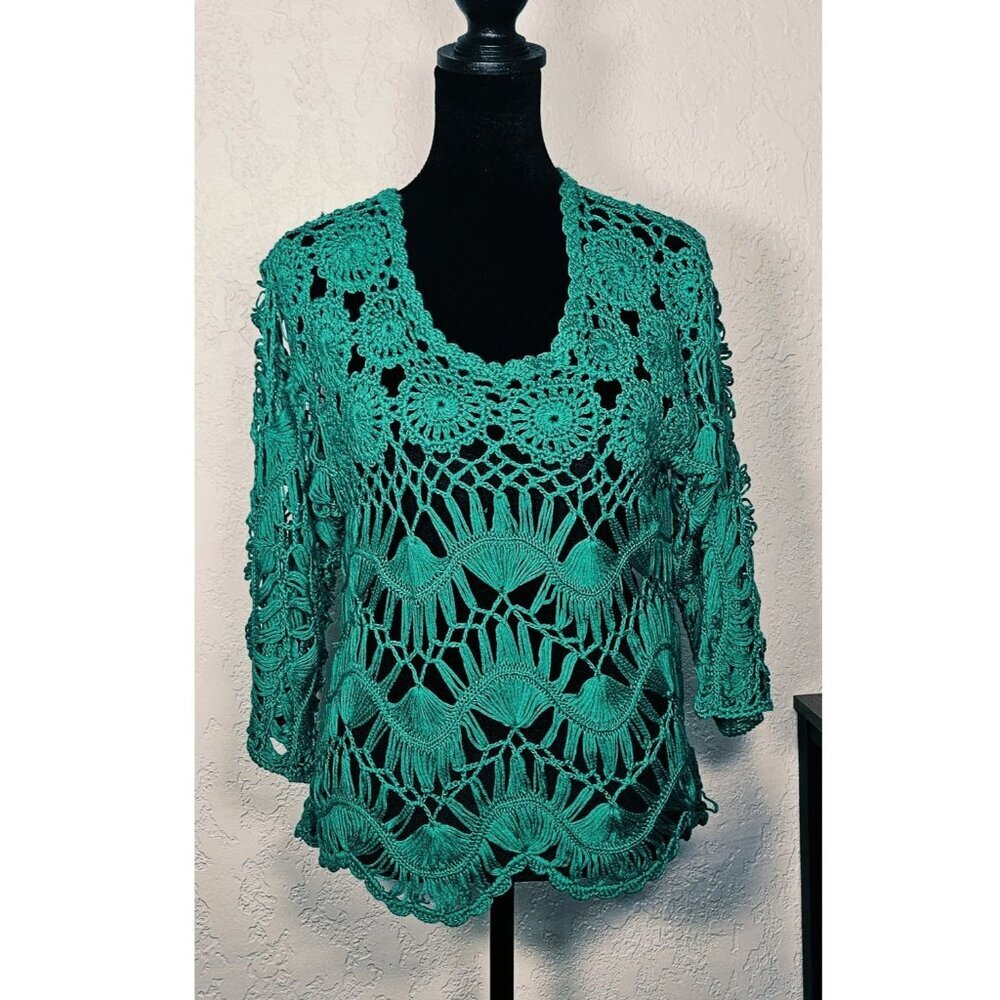 Womens Umgee USA Knitted Crochet Jade Green Top Cover Up Small
